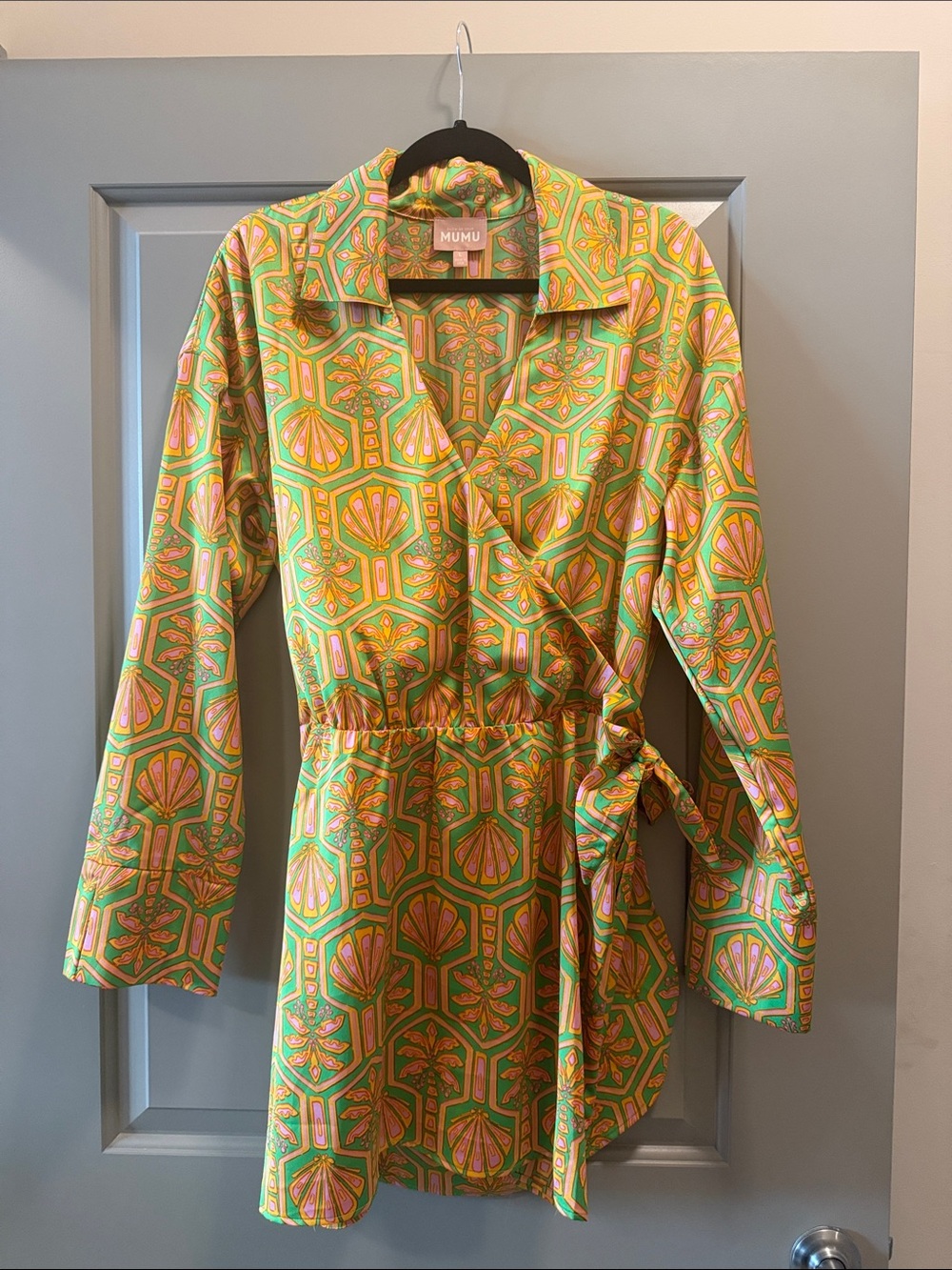 Show Me Your MuMu Green & Pink Wrap Mini Dress